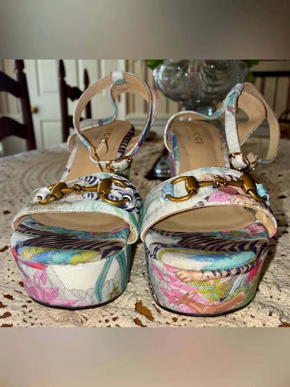 Gucci Floral Tiger Print Platform Wedges with Horsebit Detail